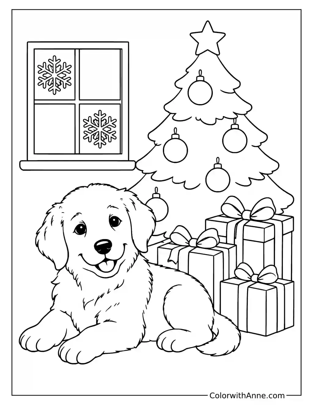 Christmas Puppy by the Tree Coloring Page