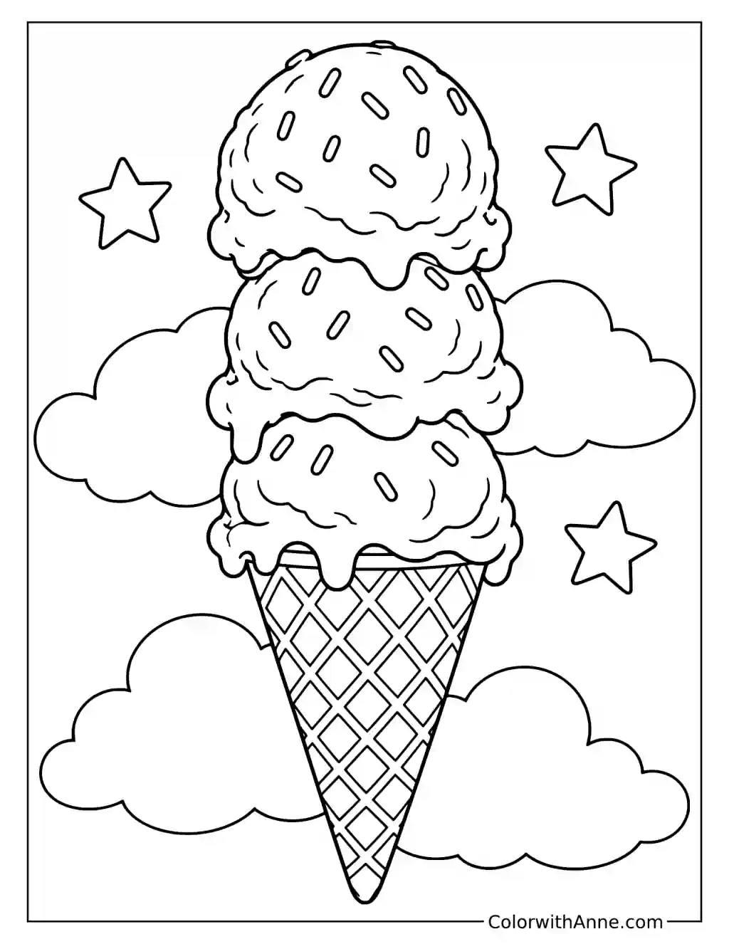 Classic Triple-Scoop Waffle Cone Ice Cream Coloring Page
