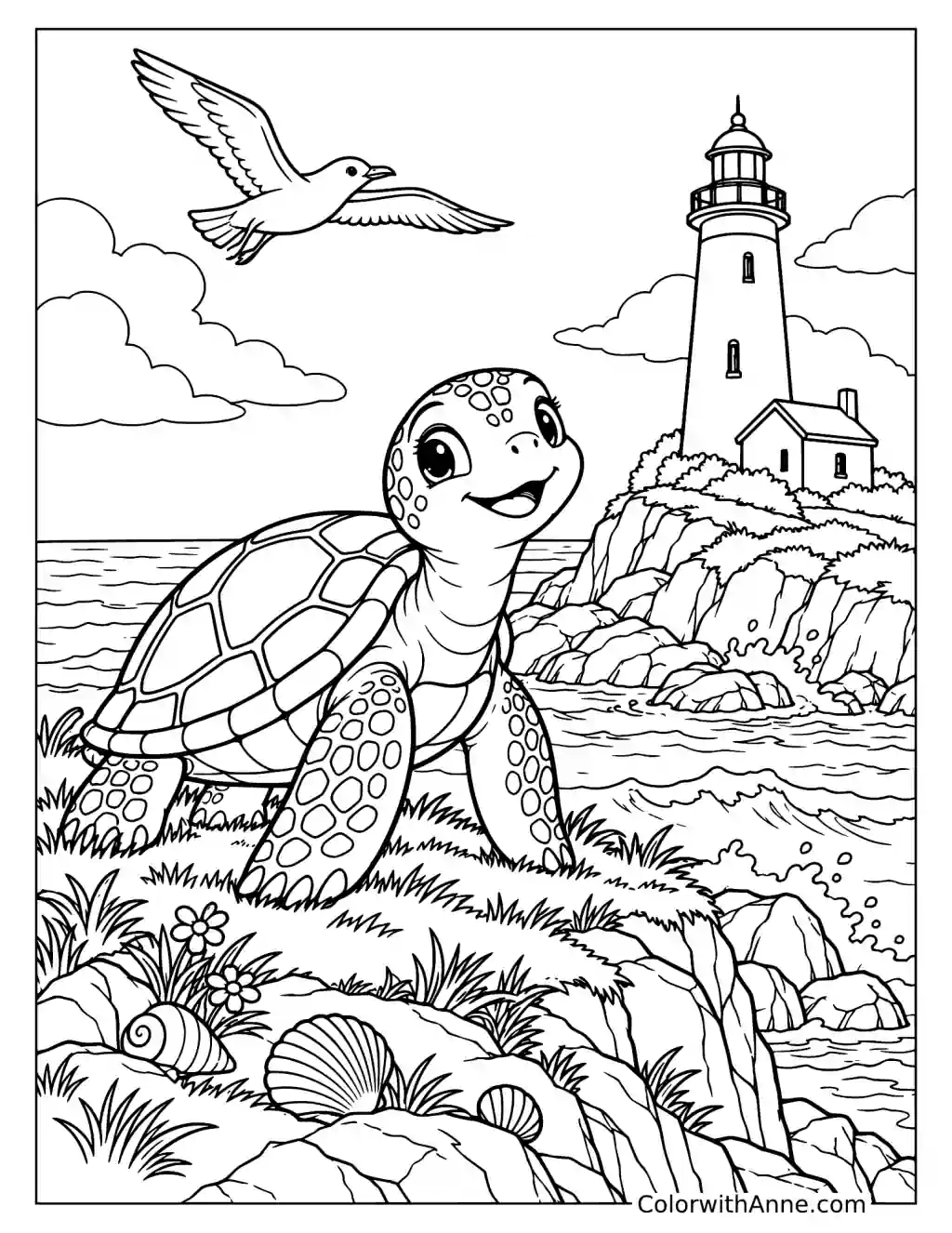 Coastal Turtle by the Lighthouse Coloring Page