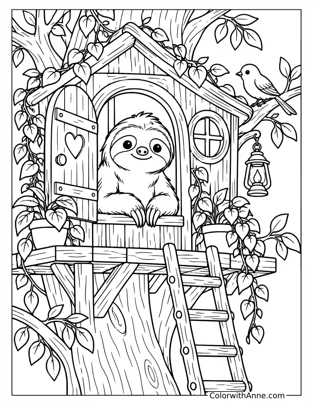 Cozy Sloth Sitting Inside a Treehouse Coloring Page