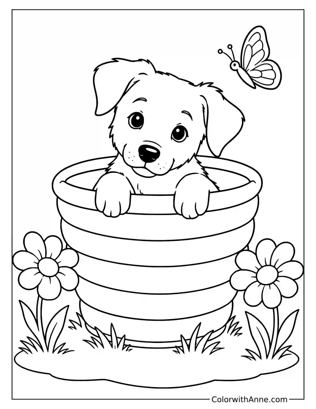 Curious Puppy in a Basket Coloring Page