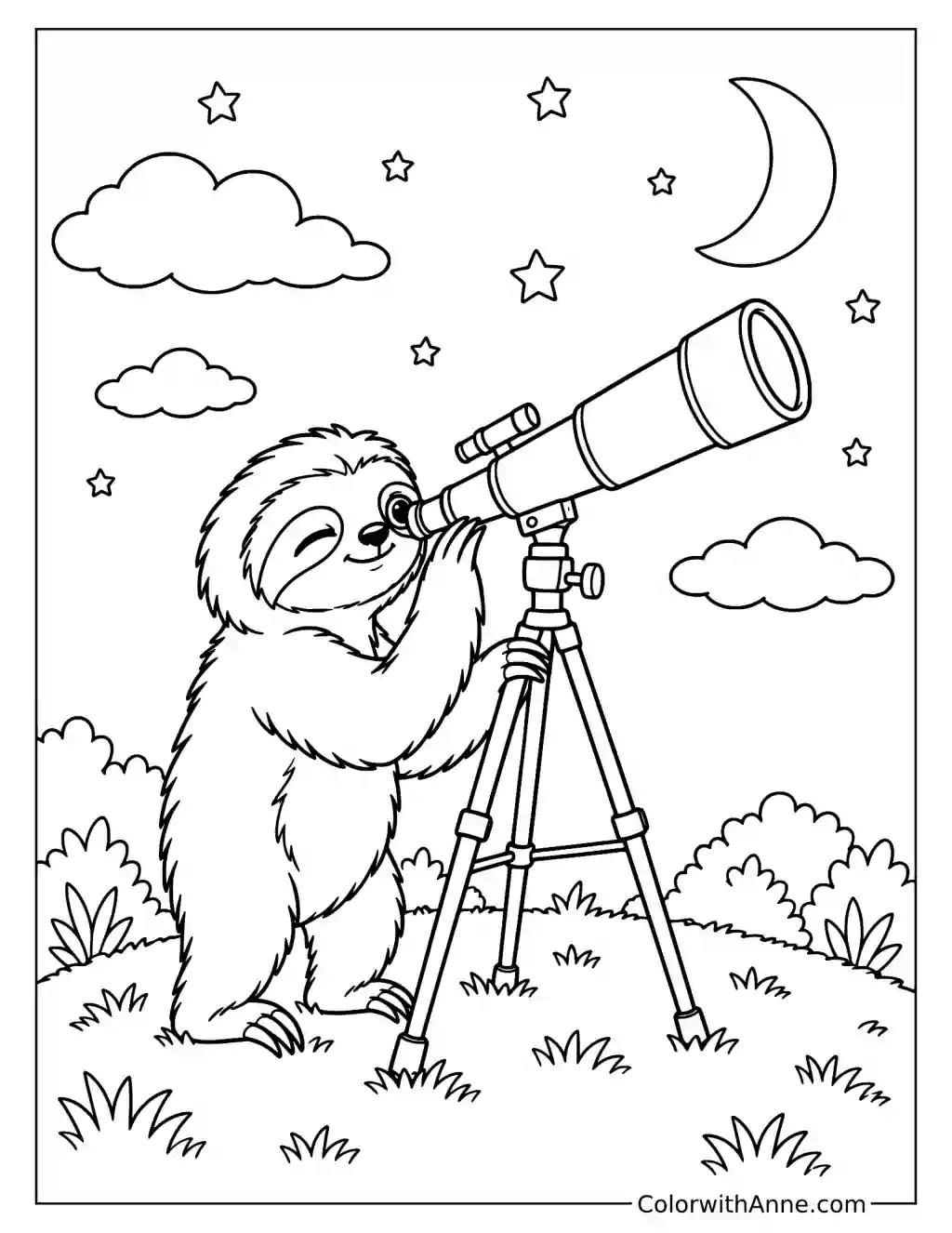 Curious Sloth Stargazing with a Telescope Coloring Page for Kids