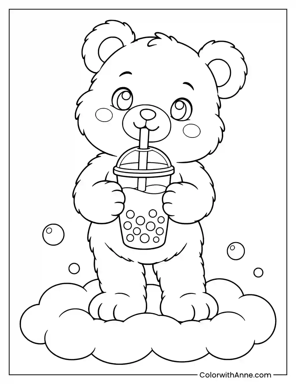 Cute Bear Drinking Boba on a Cloud Coloring Page