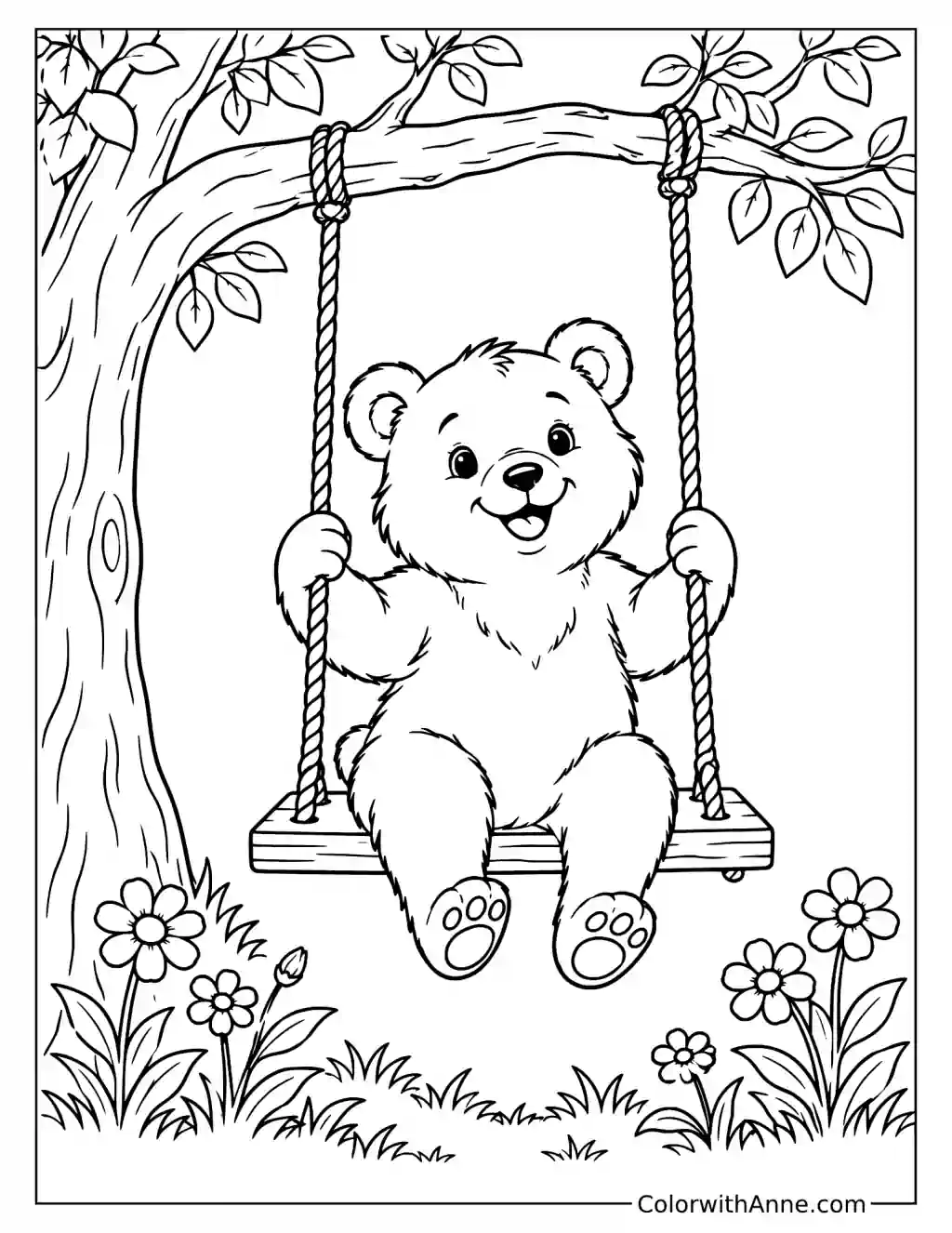 Cute Bear Playing on a Swing Coloring Page