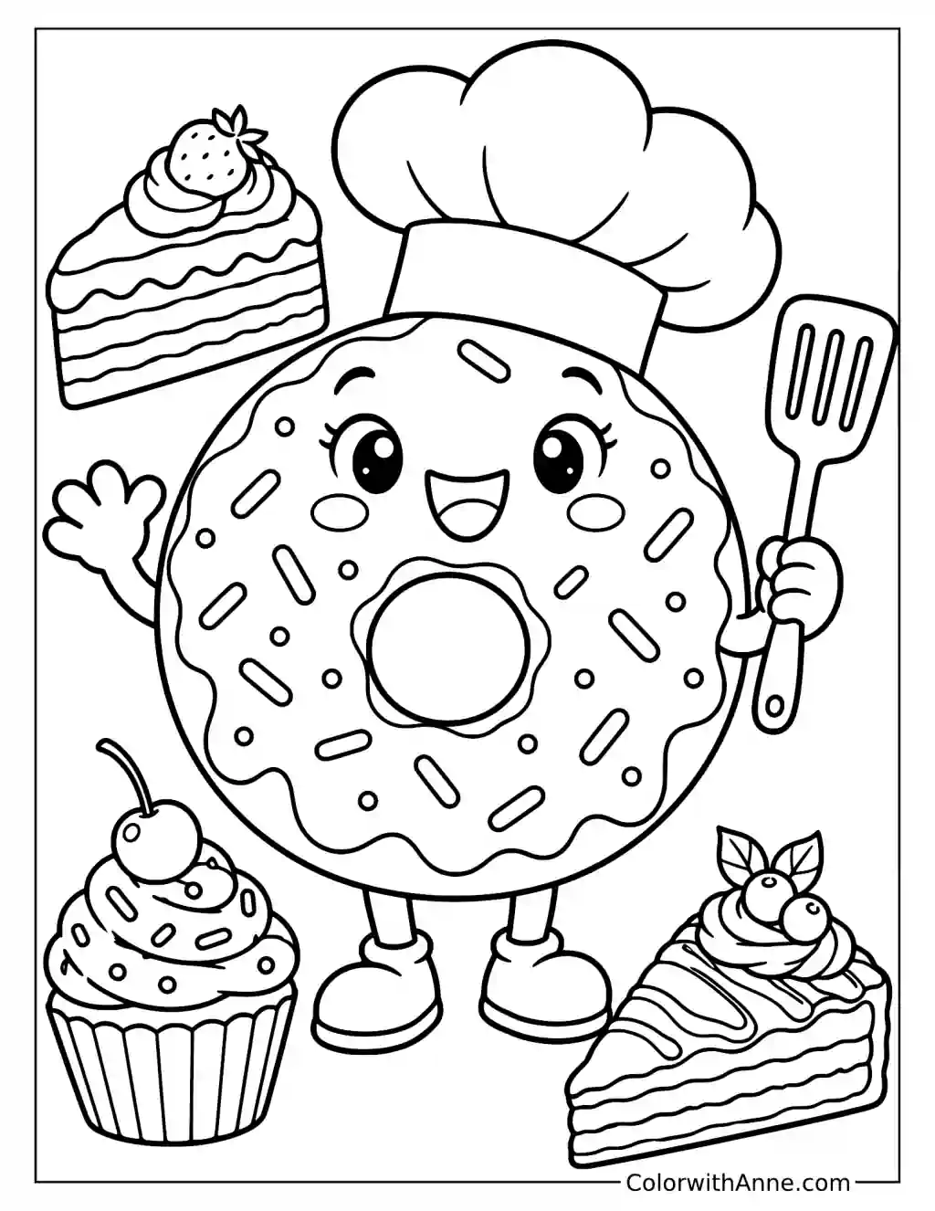 Cute Donut with a Chef’s Hat Coloring Page