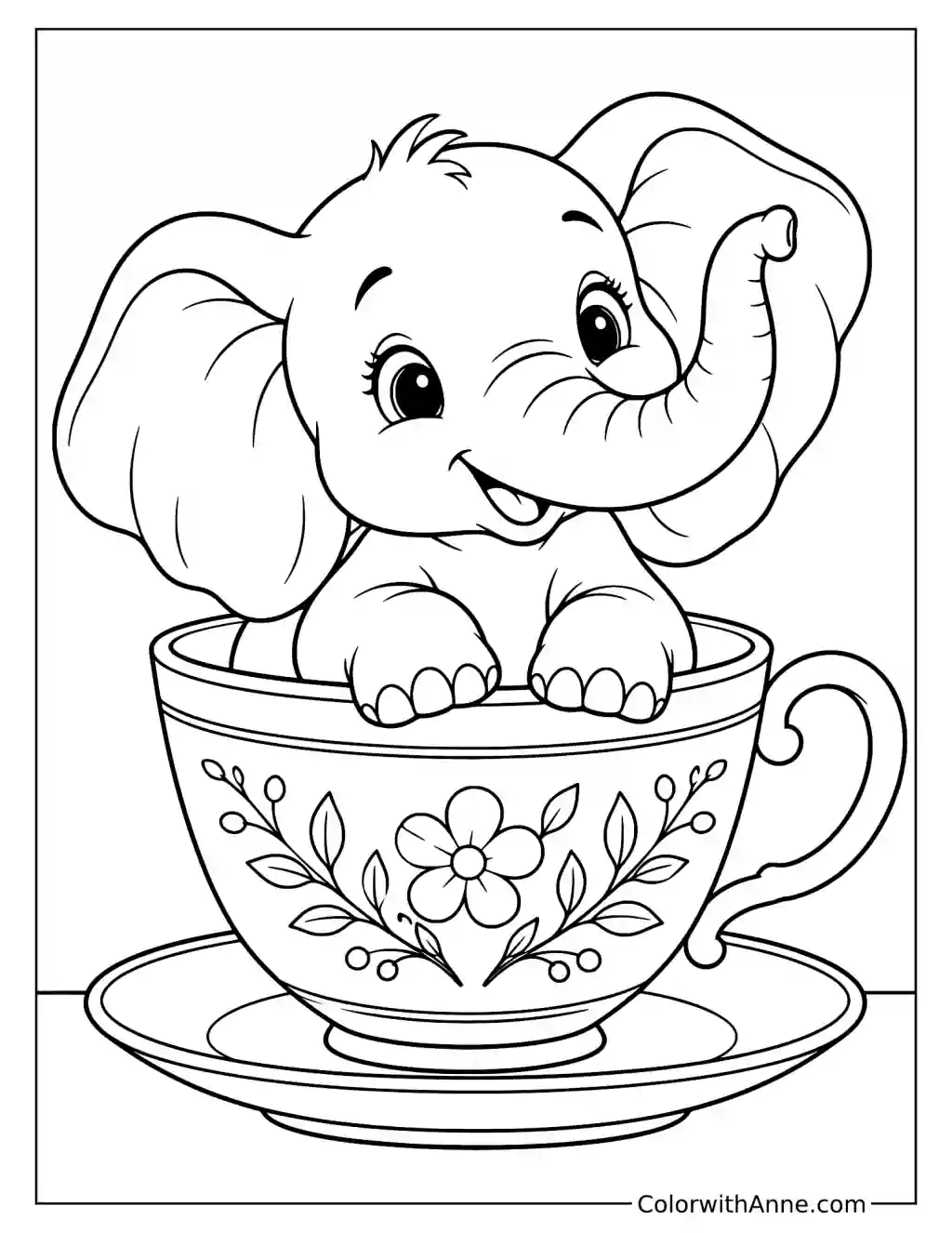 Cute Elephant in a Teacup Coloring Page