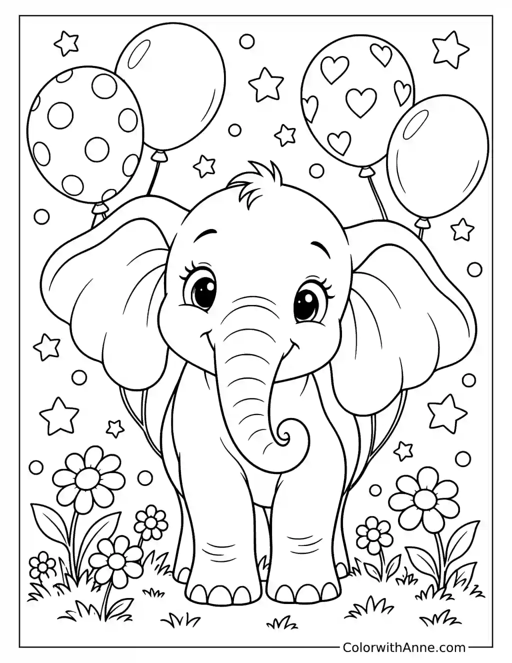 Cute Elephant with Balloons and Stars Coloring Page