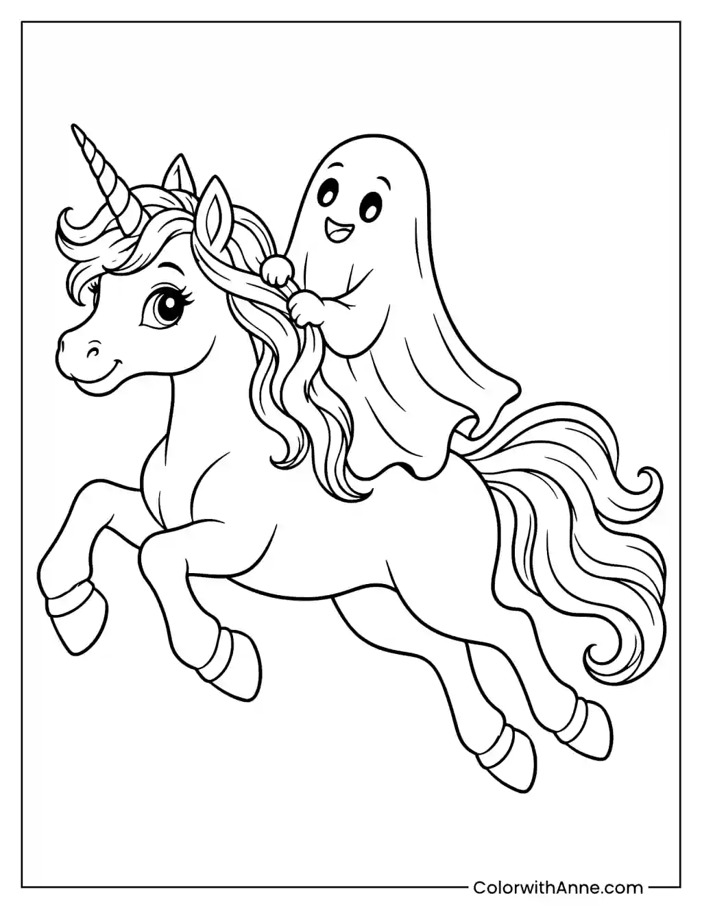 Cute Ghost Riding a Unicorn Coloring Page