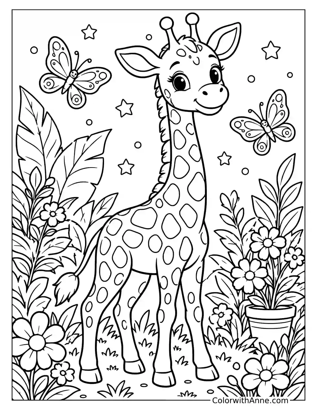 Cute Giraffe in a Garden Coloring Page