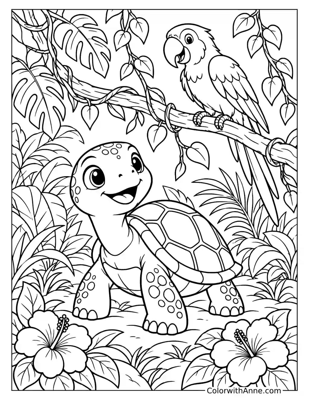 Cute Jungle Turtle with a Parrot Coloring Page