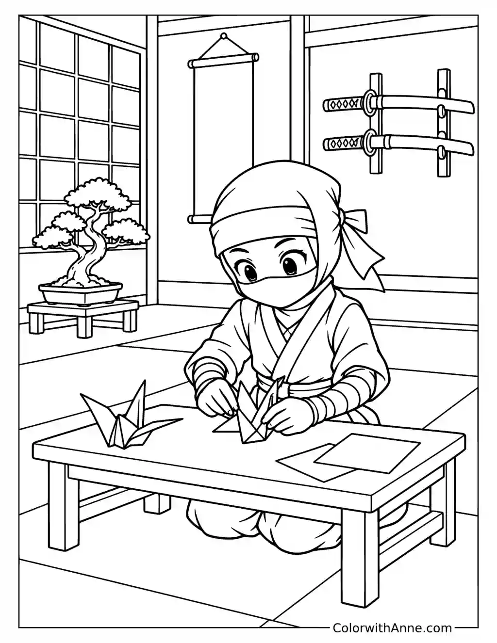 Cute Ninja Folding Origami in a Dojo Coloring Page