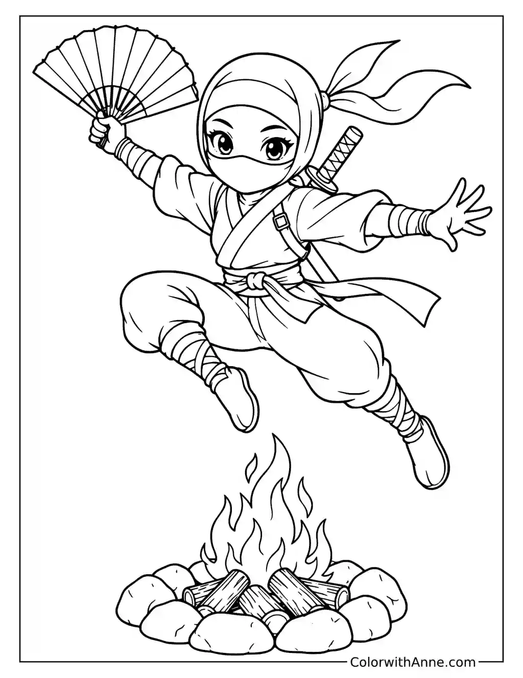 Cute Ninja Jumping Over a Campfire with a Hand Fan Coloring Page