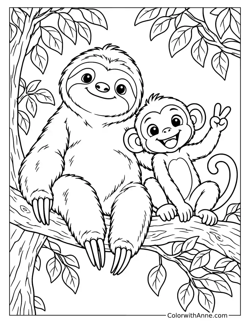 Cute Sloth and Monkey Buddies in the Tree Coloring Page