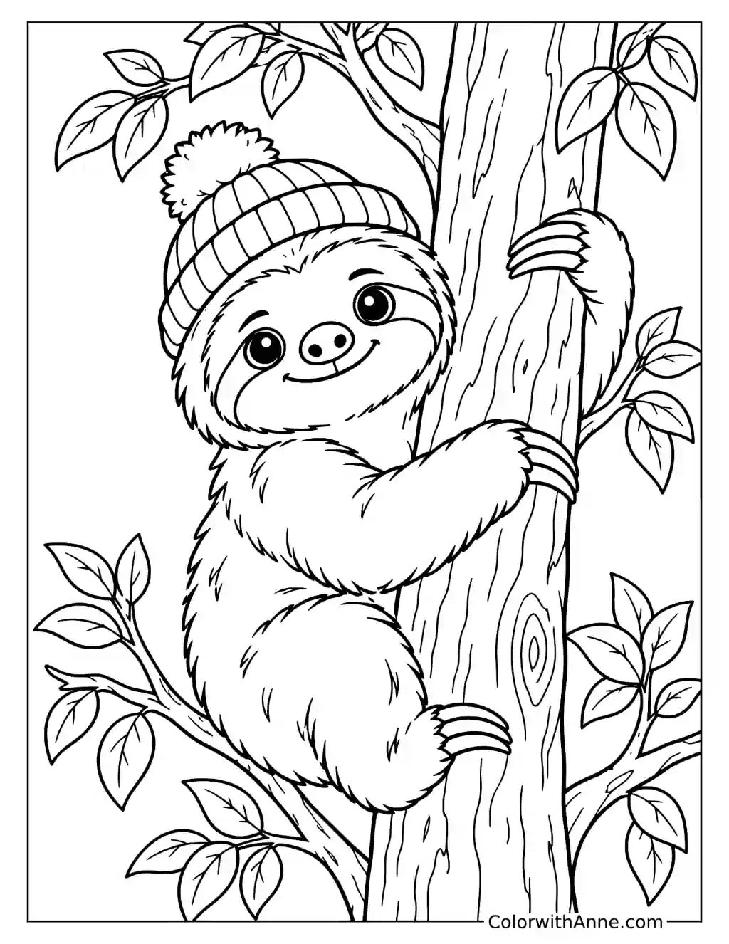 Cute Sloth Climbing a Tree in a Beanie Coloring Page