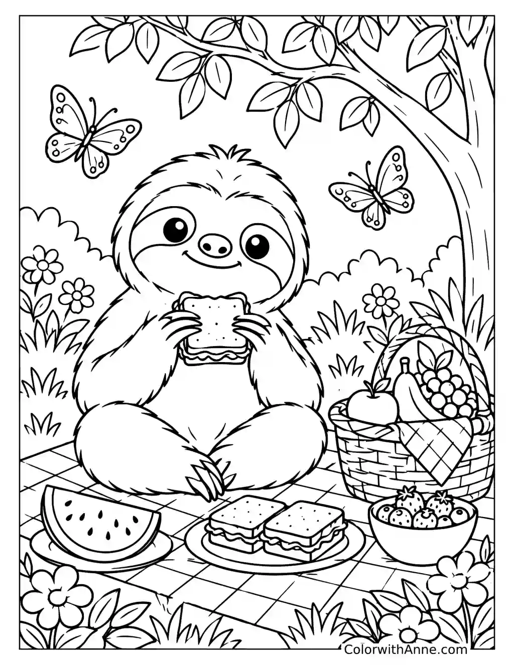 Cute Sloth Enjoying a Picnic in the Garden Coloring Page