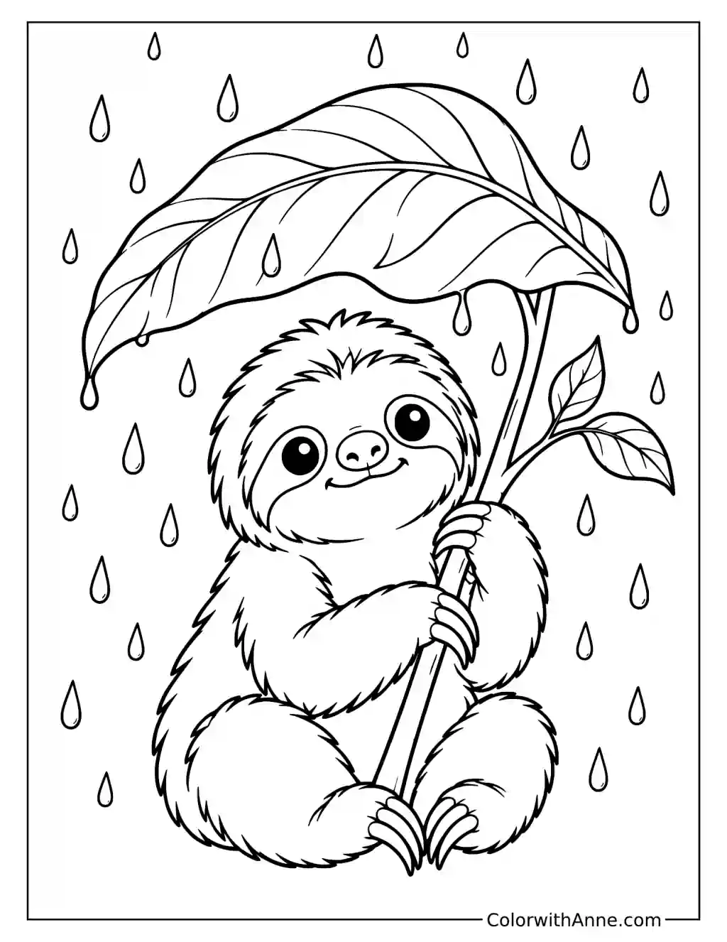 Cute Sloth Sheltering Under a Leaf in the Rain Coloring Page