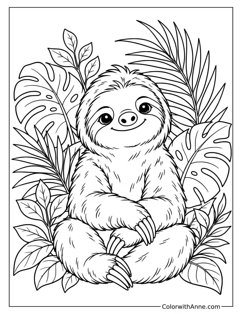 Cute Sloth Sitting Among Tropical Leaves Coloring Page for Kids