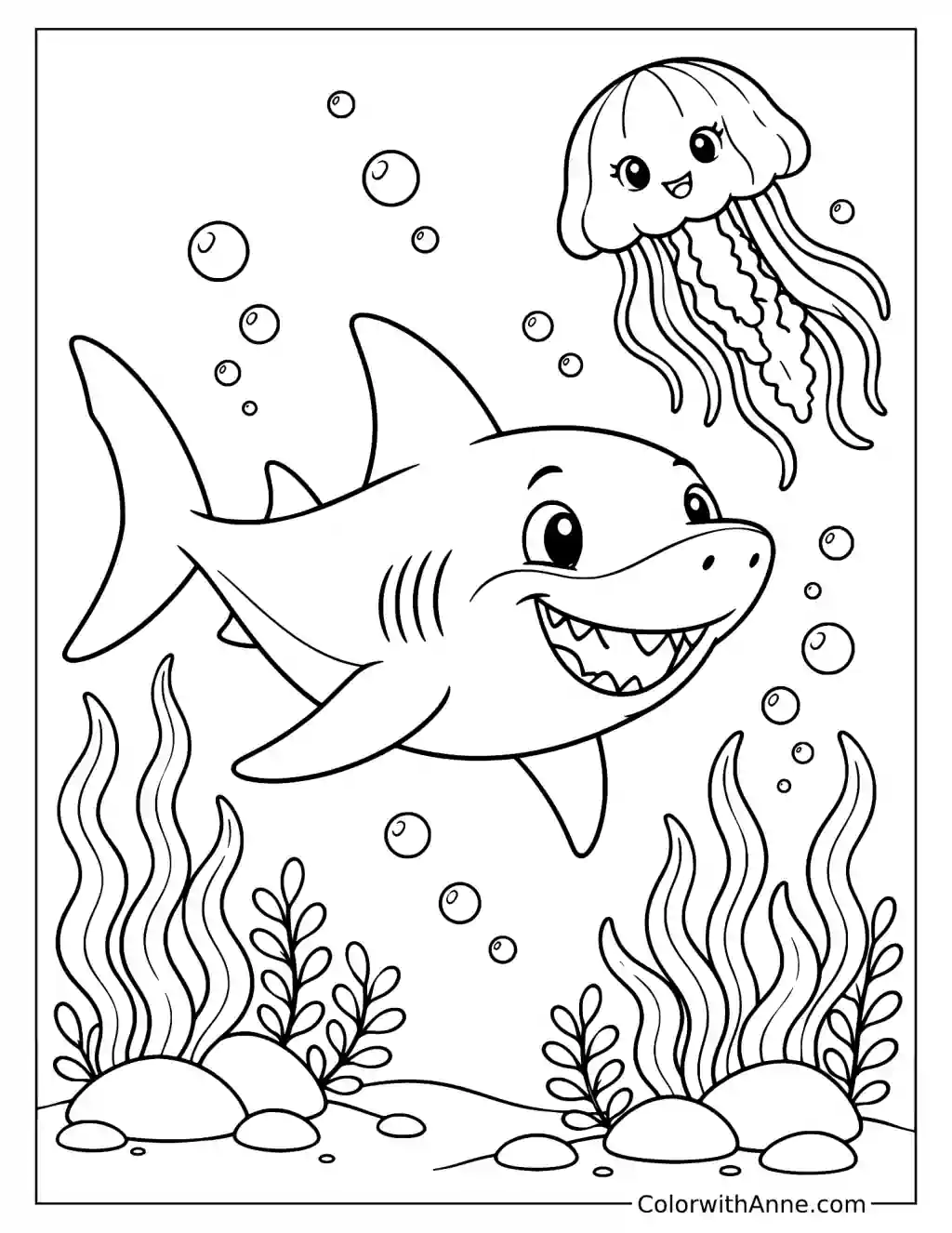 Cute Smiling Shark Swimming Near a Jellyfish Coloring Page