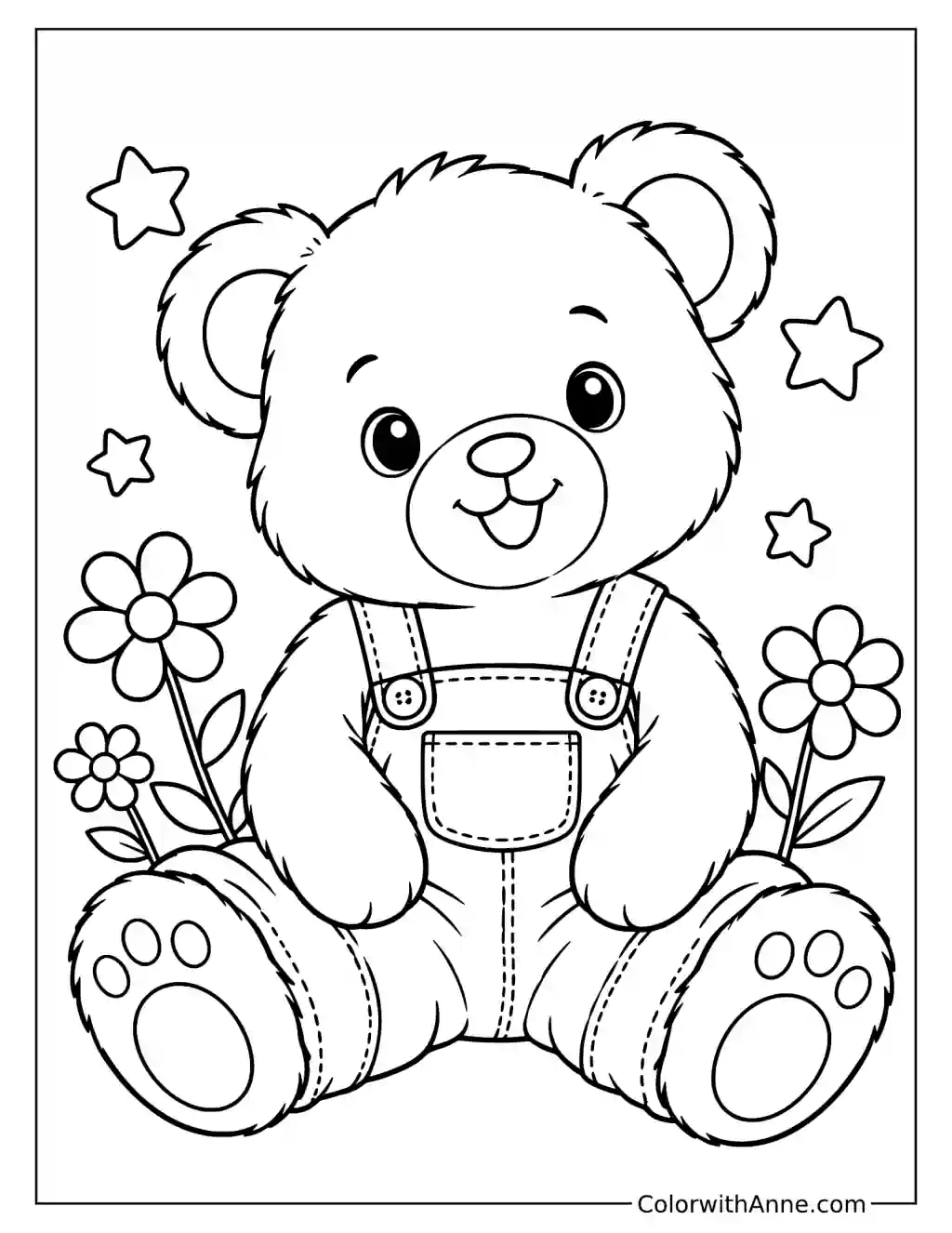 Cute Teddy Bear in Overalls with Stars and Flowers Coloring Page