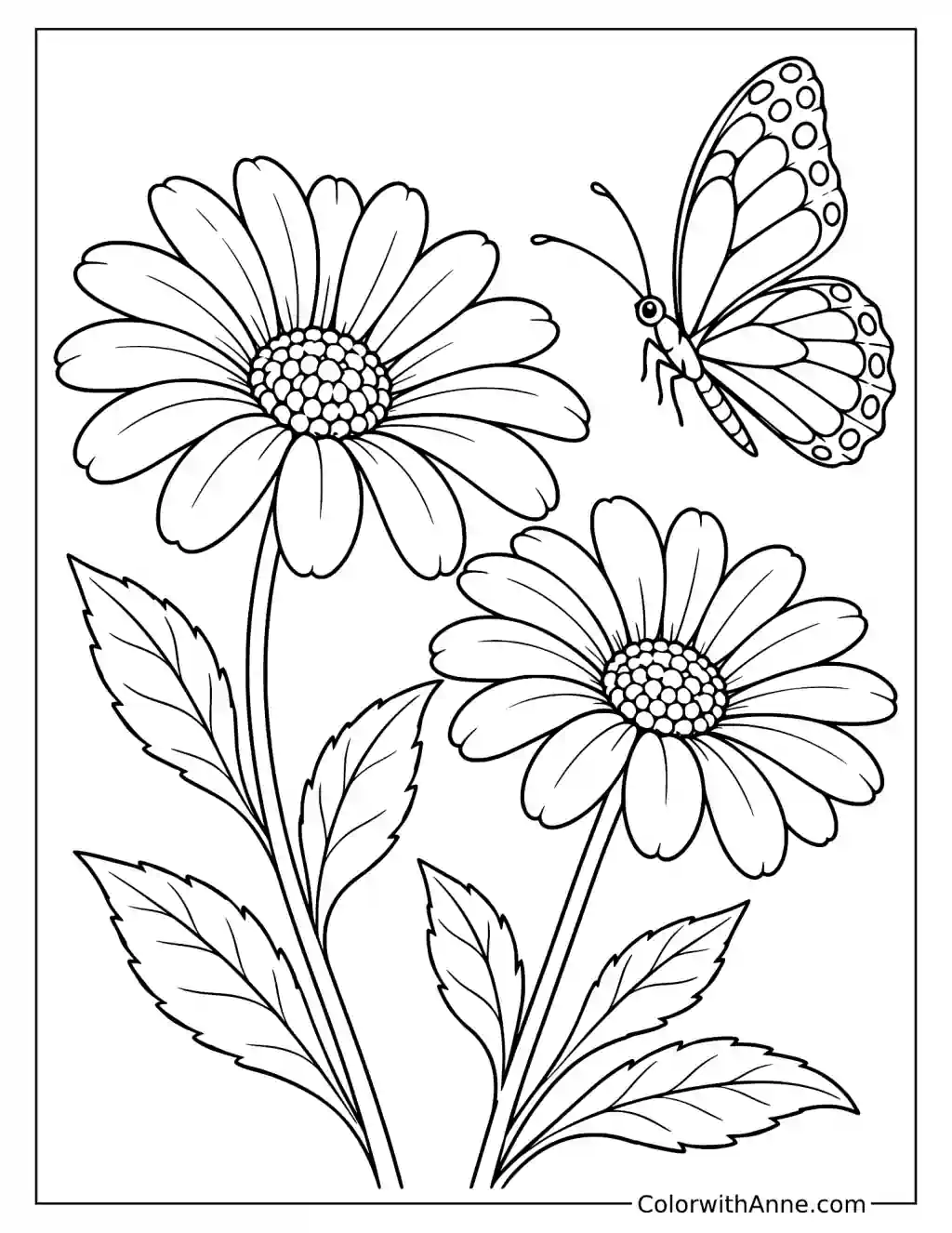 Daisies and Butterfly Spring Coloring Page