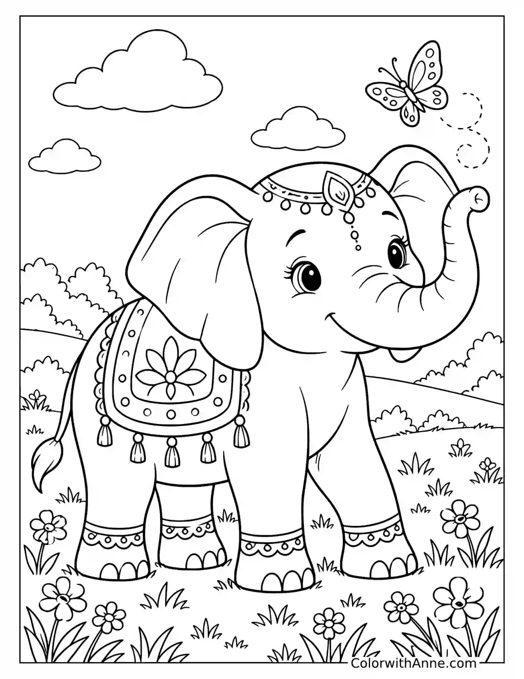 Decorated Elephant in the Meadow Coloring Page