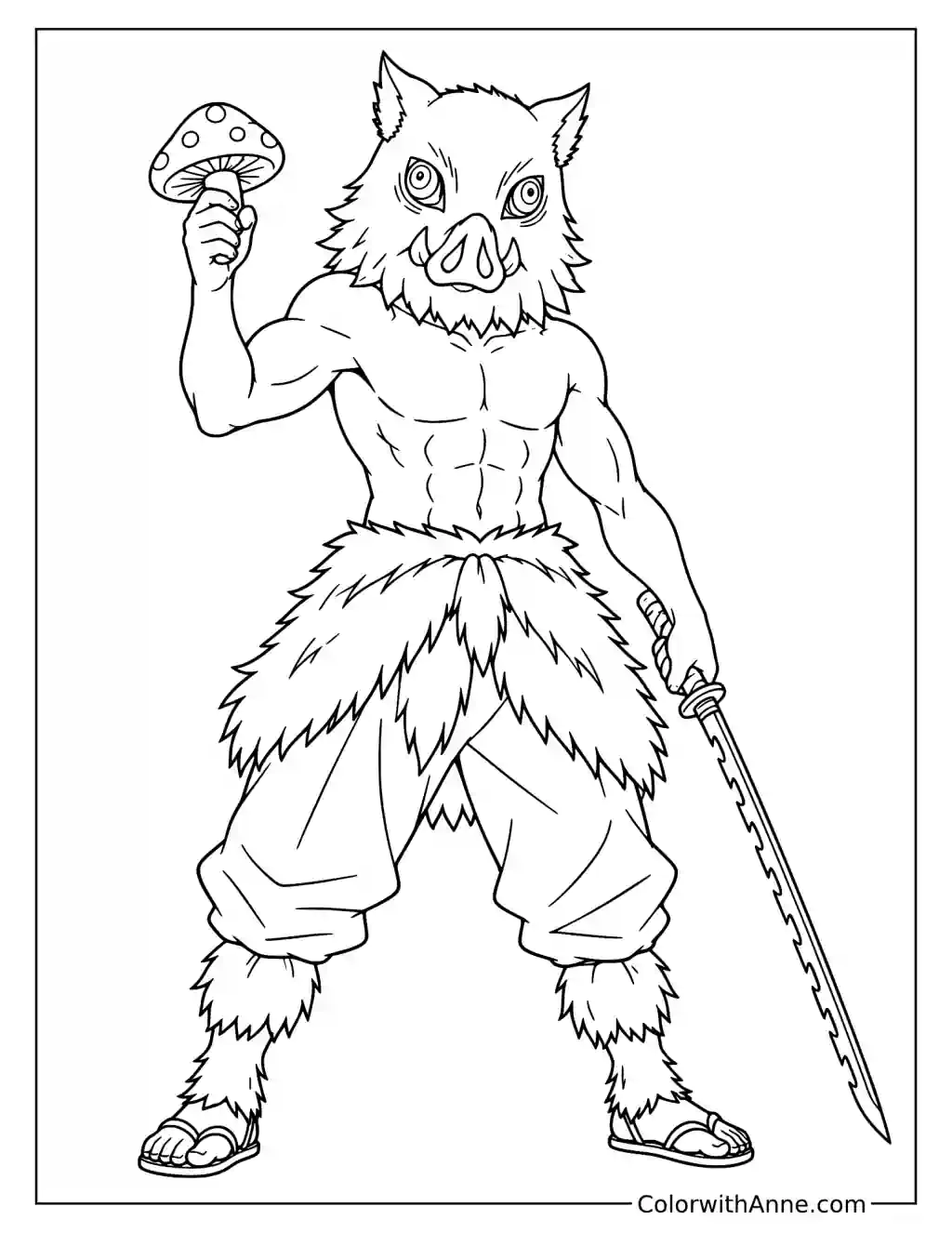 Demon Slayer Inosuke Hashibira Holding Mushroom and Sword Coloring Page