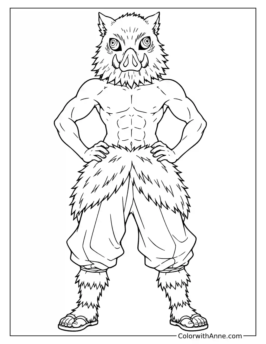 Demon Slayer Inosuke Hashibira Standing with Boar Head Coloring Page