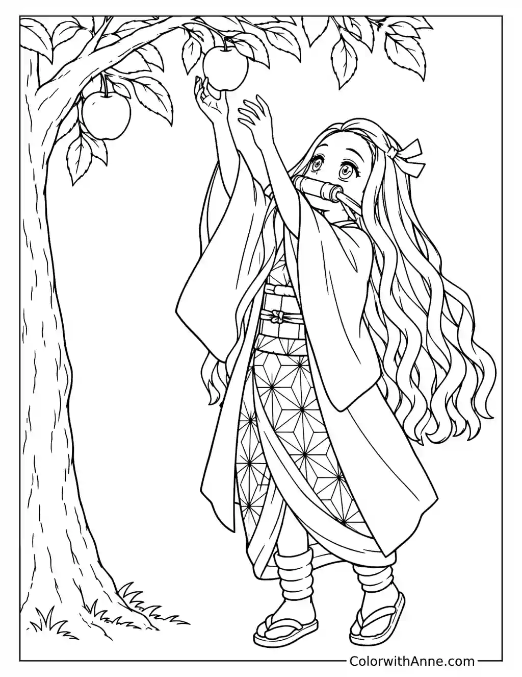 Demon Slayer Nezuko Kamado Catching an Apple Coloring Page