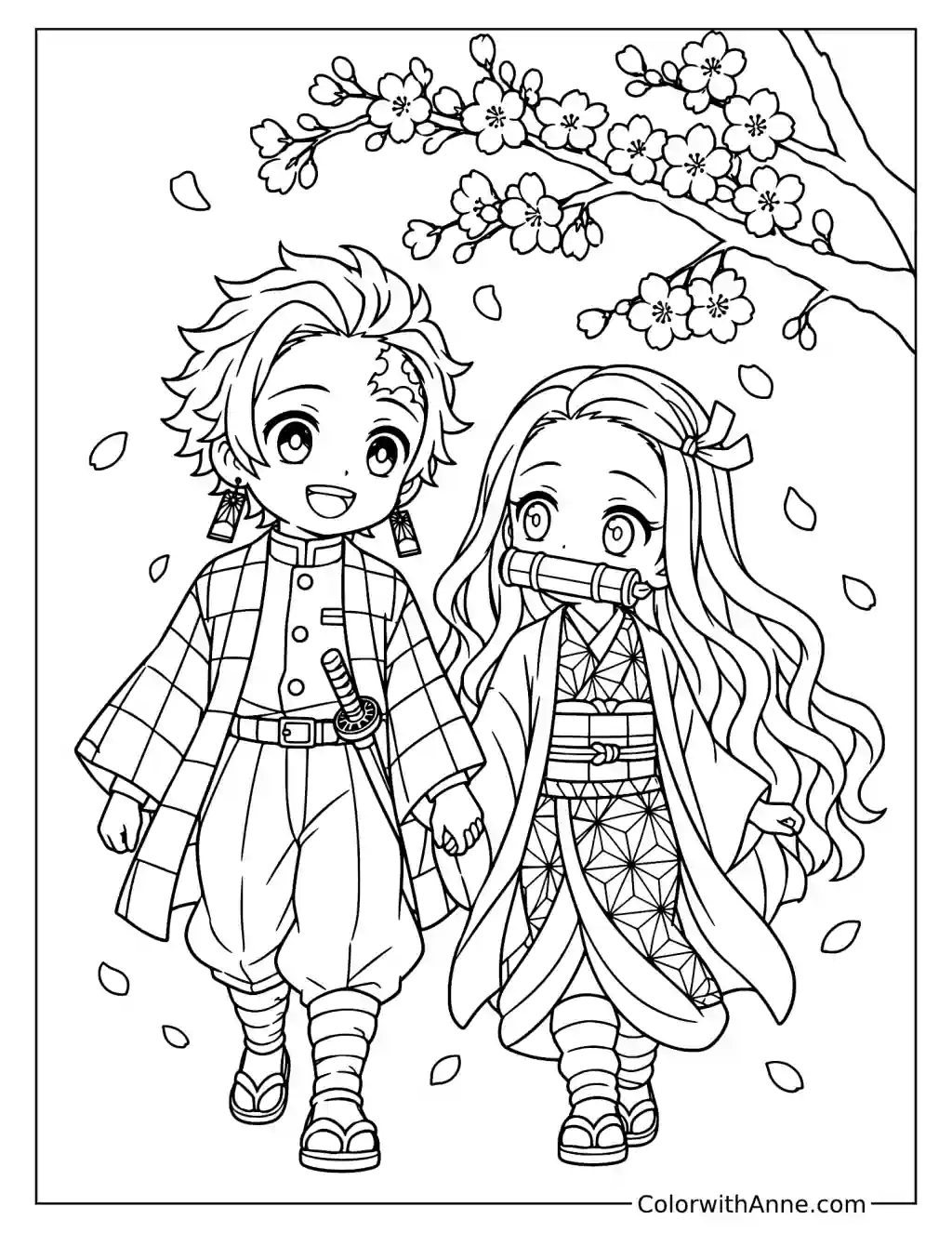 Demon Slayer Tanjiro and Nezuko Kamado Holding Hands Under Sakura Coloring Page