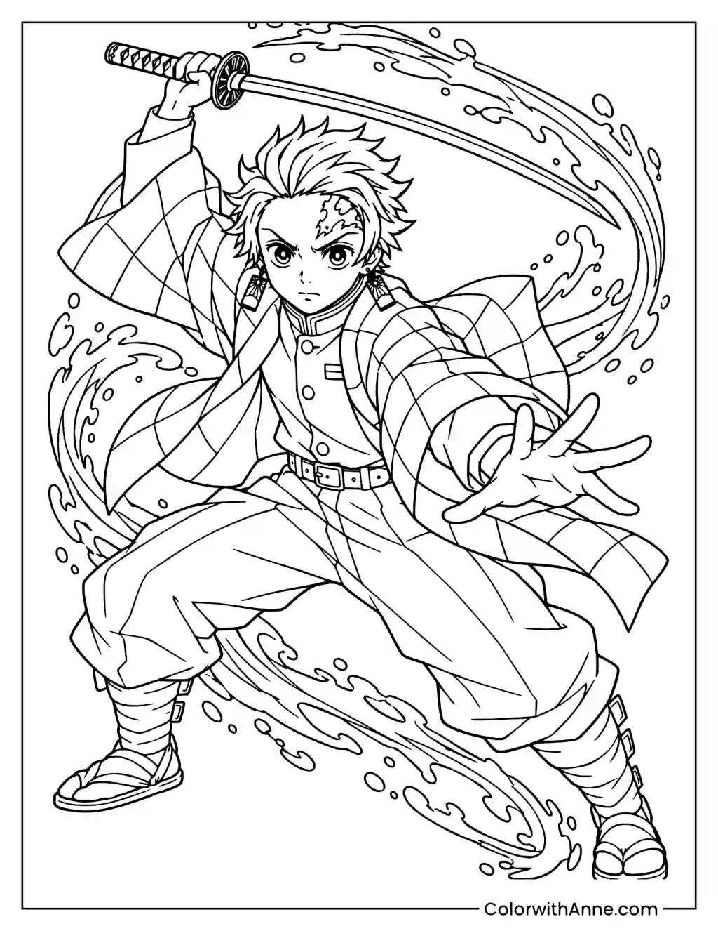 Demon Slayer Tanjiro Kamado in Fighting Stance Coloring Page