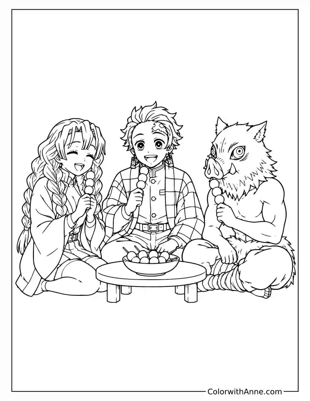 Demon Slayer Tanjiro Kamado, Mitsuri Kanroji, and Inosuke Hashibira with Dango Coloring Page