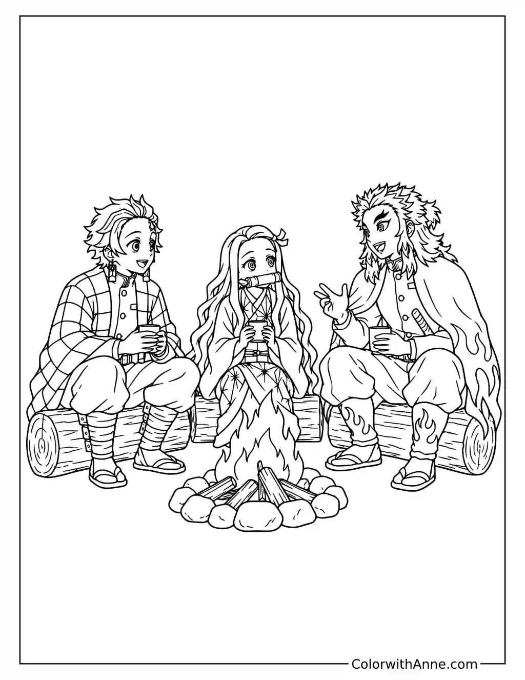 Demon Slayer Tanjiro Kamado, Nezuko, and Kyojuro Rengoku Around a Campfire Coloring Page