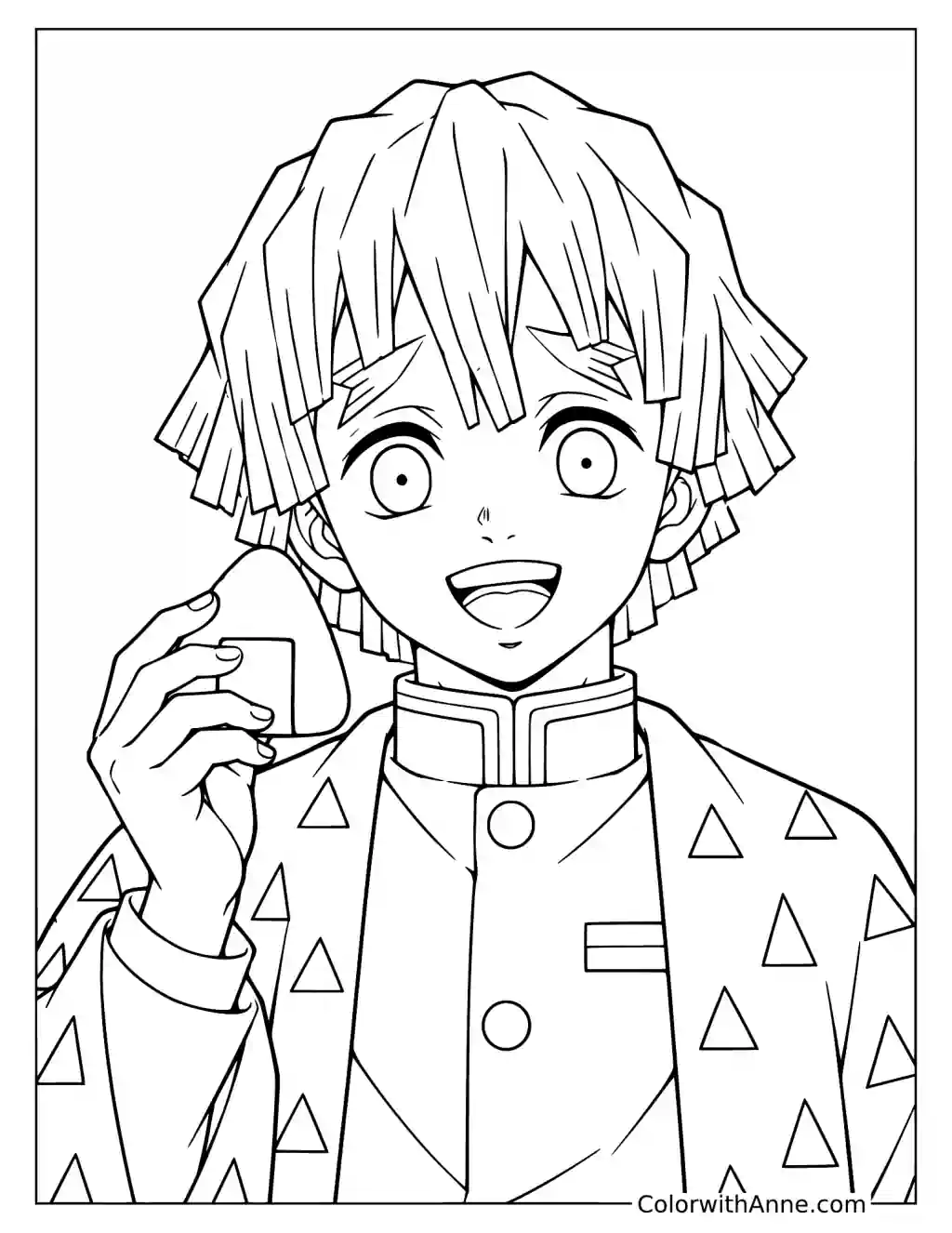 Demon Slayer Zenitsu Agatsuma Holding Rice Ball Coloring Page