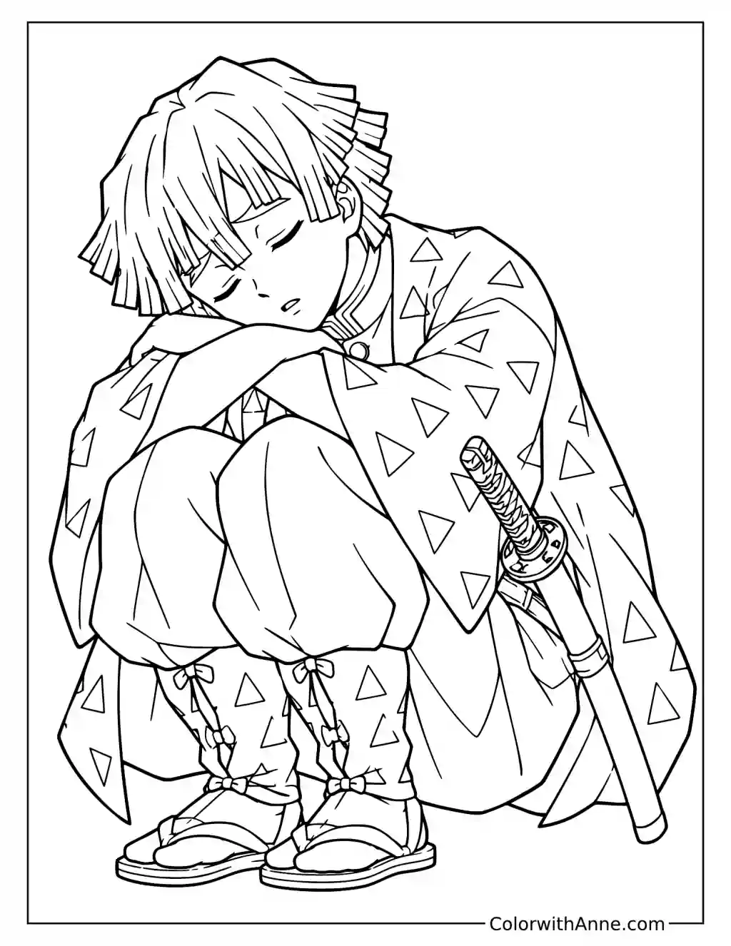 Demon Slayer Zenitsu Agatsuma Sleeping with Sword Coloring Page
