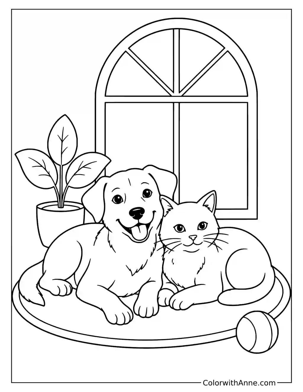 Dog and Cat Friends on a Rug Coloring Page
