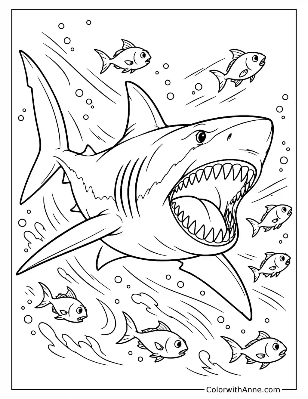 Dominant Shark Surrounded by Small Fish Coloring Page
