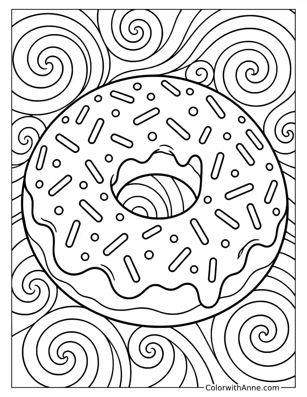 Donut Lying on a Swirl-Pattern Background Coloring Page