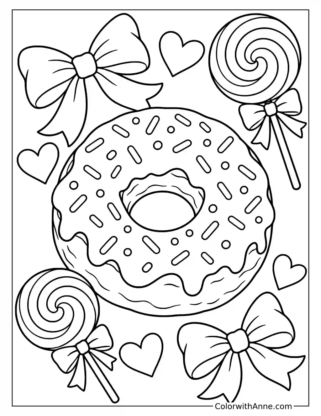 Donut Surrounded by Bows and Lollipops Coloring Page