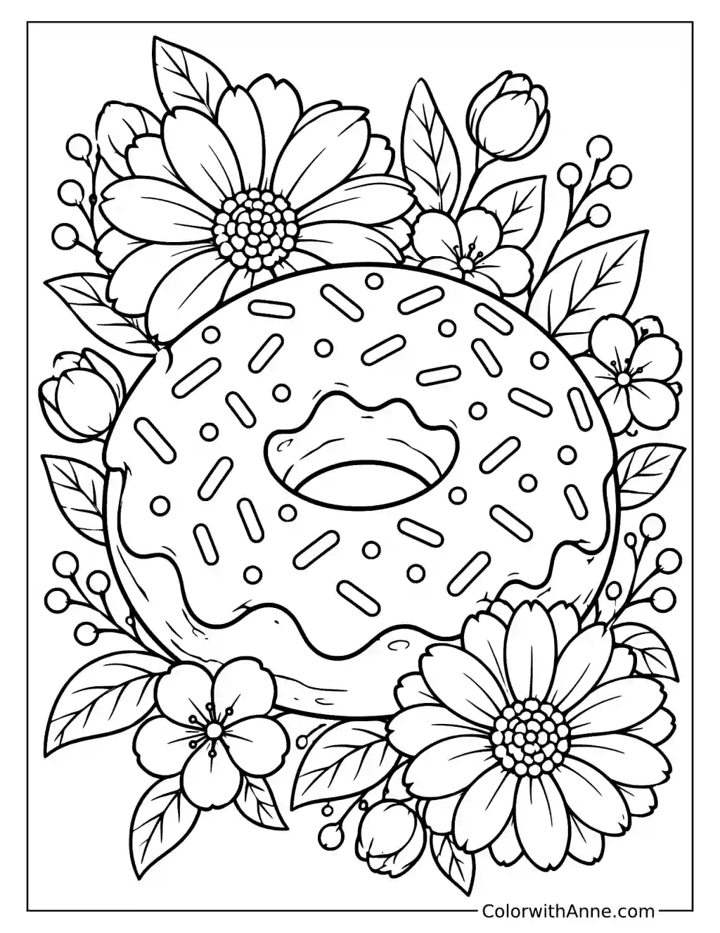 Donut Surrounded by Flowers Coloring Page