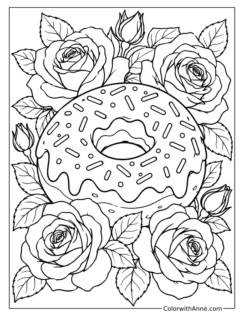 Donut Surrounded by Rose Flowers Coloring Page