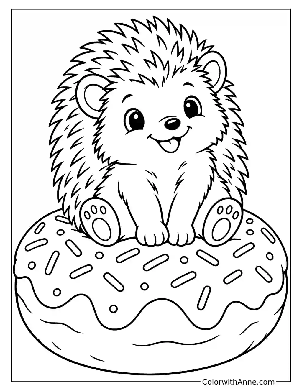 Donut with a Hedgehog Sitting on Top Coloring Page