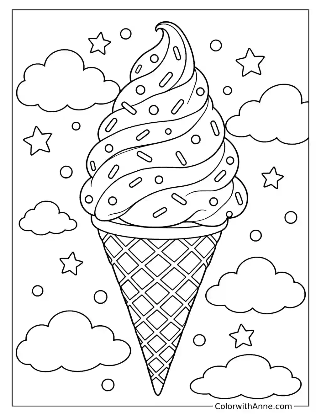 Dotted Ice Cream Cone with Clouds and Stars Coloring Page