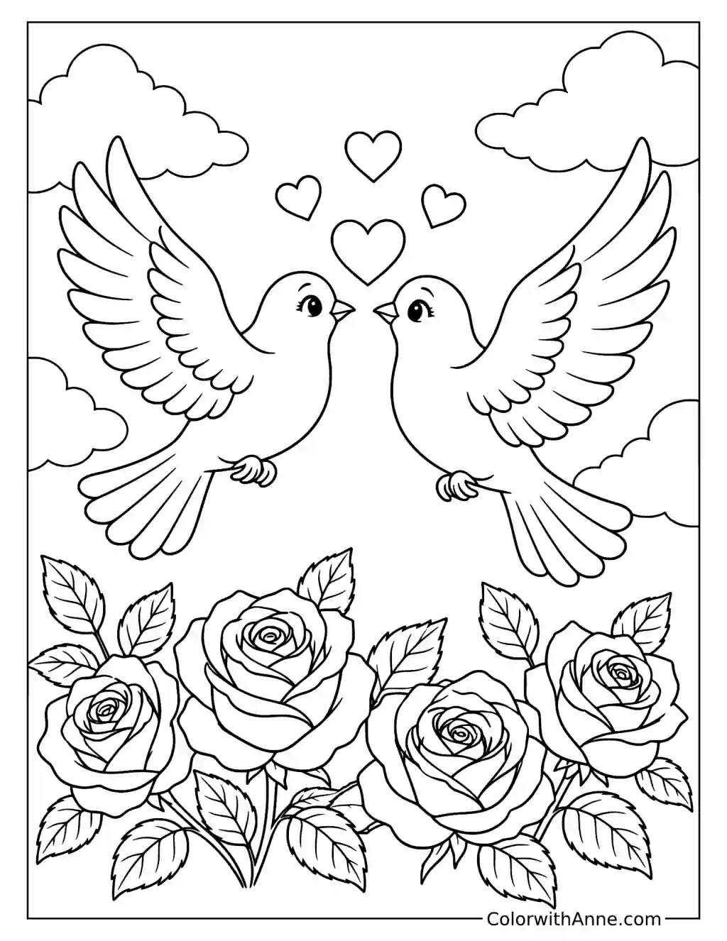 Doves, Hearts, and Roses Valentine's Day Coloring Page
