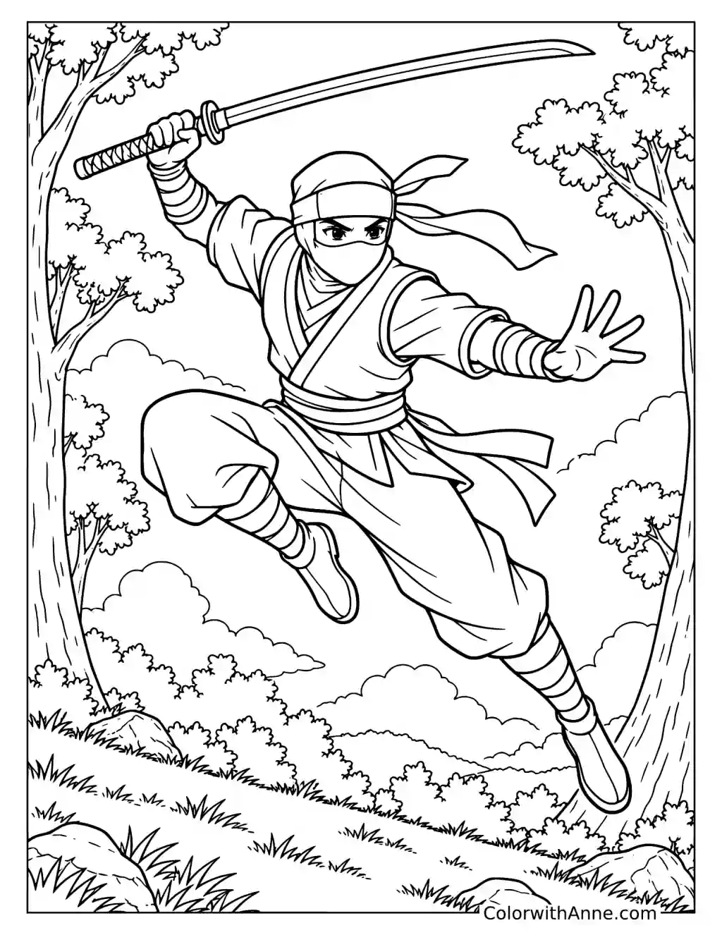 Dynamic Ninja Leaping with Katana Coloring Page