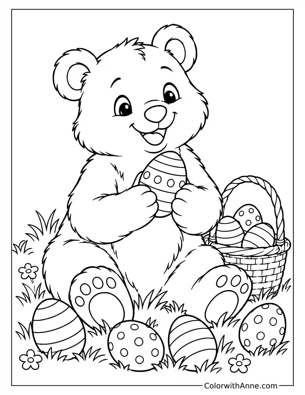 Easter Bear Surrounded with Easter Eggs Coloring Page
