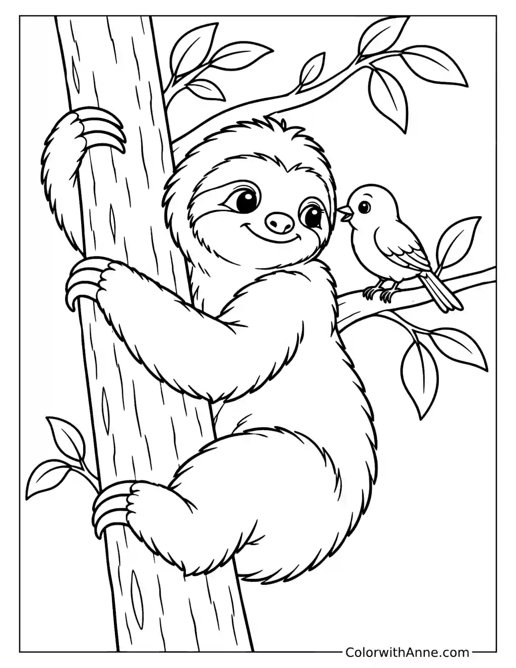Easy Sloth and Its Little Bird Friend Coloring Page