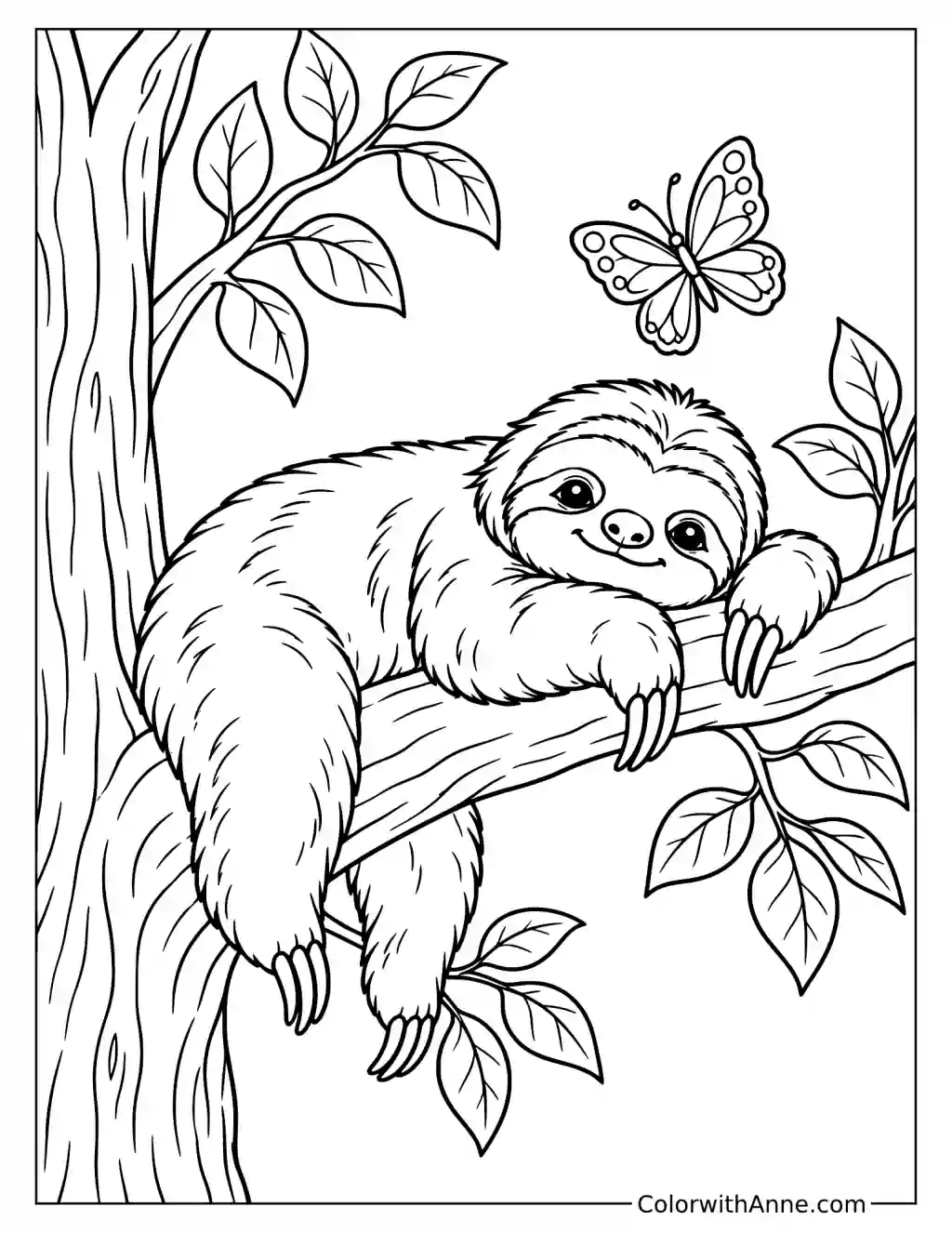 Easy Sloth Resting on a Tree Branch Coloring Page for Kids