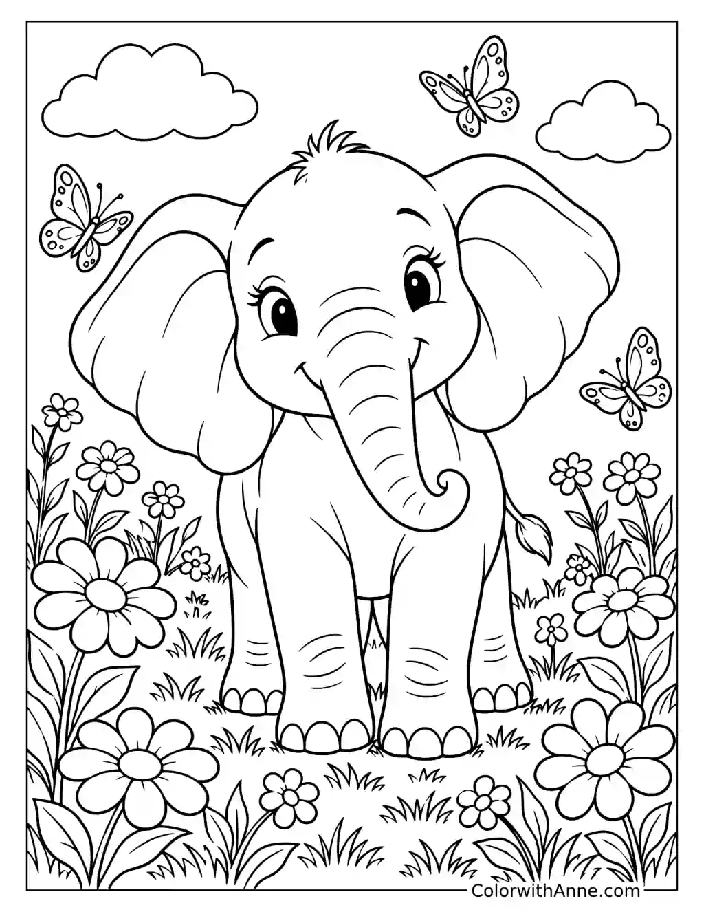 Elephant Among Garden Flowers Coloring Page