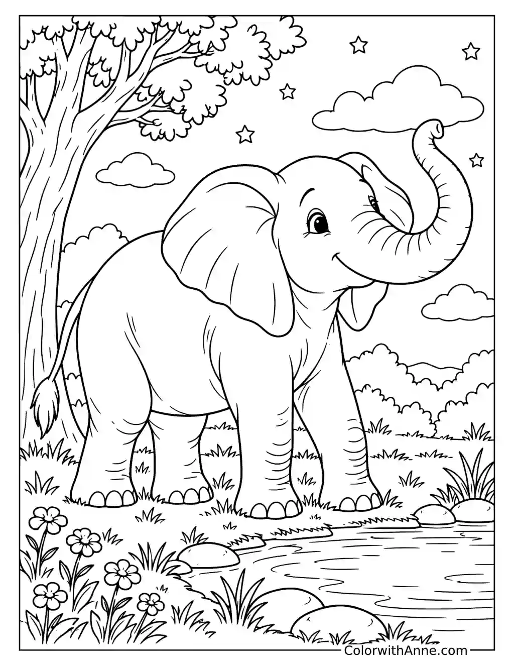 Elephant by a Tree and Watering Hole Coloring Page