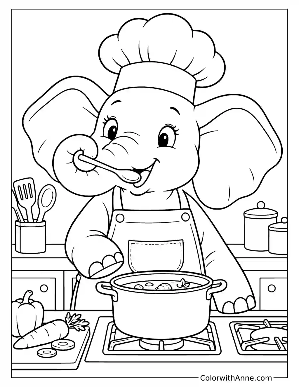 Elephant Chef in the Kitchen Coloring Page